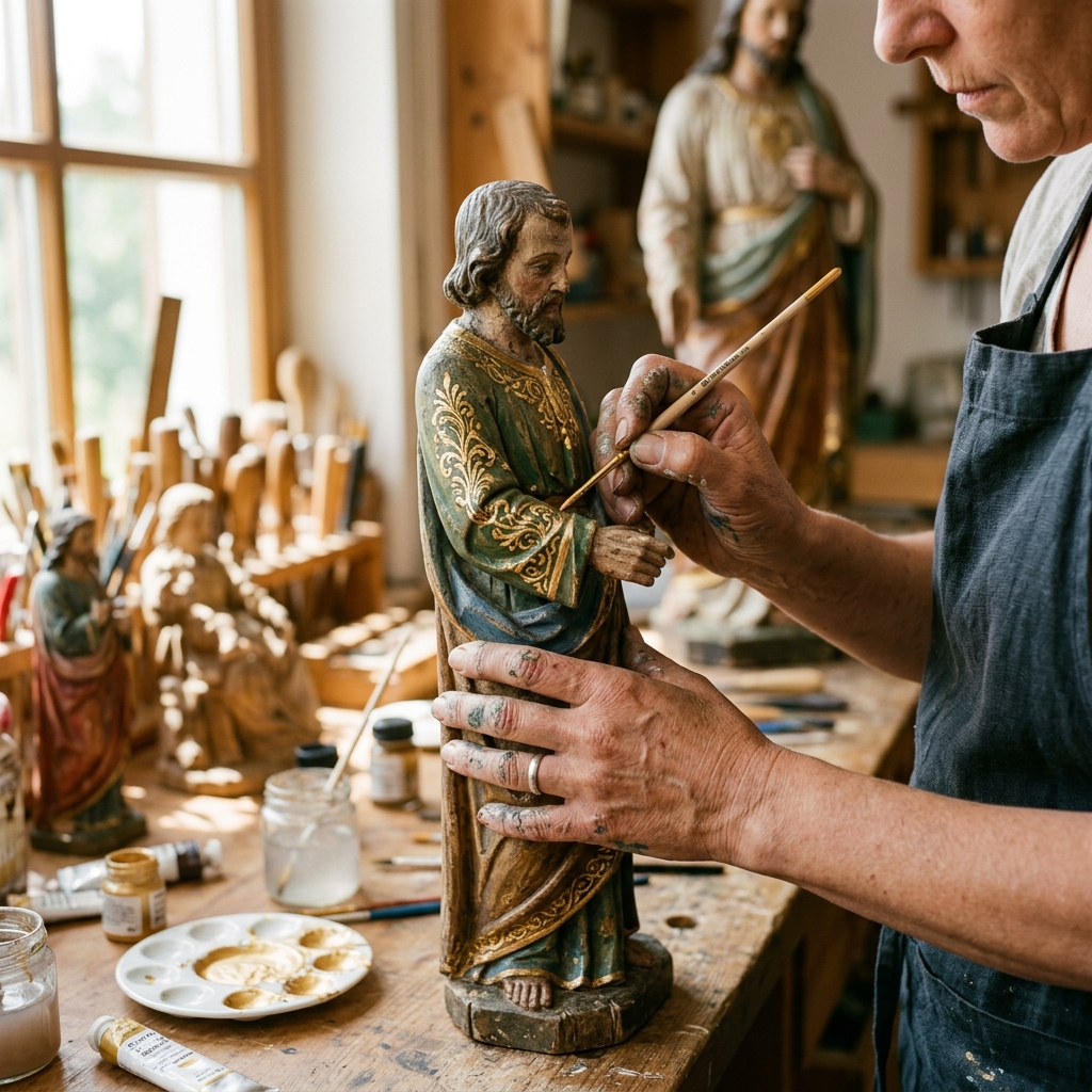 Antique Wooden St. Antony Statue Restoration - Before